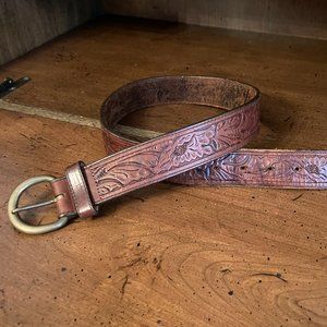 J Crew Brown Genuine Leather Belt Size 28 inch Boho Tooled Leather Unisex Belt